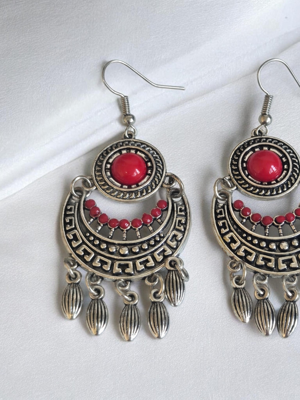 Bohemian Silver-Tone Red Dangle Earrings